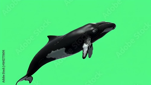 Graceful False Killer Whale or Pilot Whale Swimming on Green Screen Background, Isolated for Easy Compositing in Wildlife or Marine Life Projects