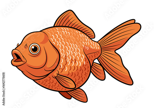 A bright orange goldfish with flowing fins and scales swims with its mouth open in a clear aquatic environment
