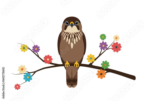 A majestic bird perched on a branch adorned with colorful flowers in a vibrant spring scene