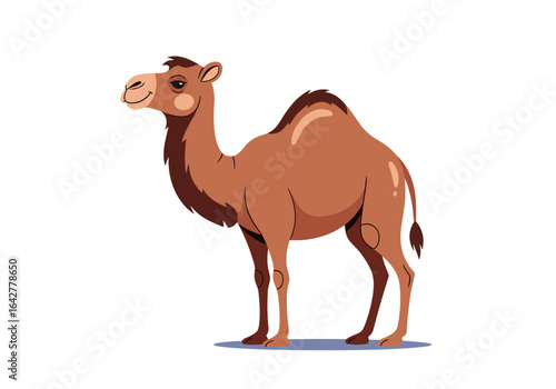 A cartoon camel standing proudly against a white background under a blue sky