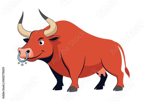 Cartoon red bull with large horns and nose ring standing proudly in a field of green grass