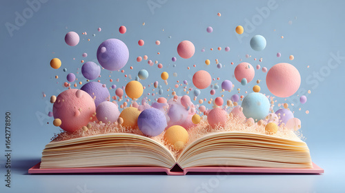 Education takes flight from an open book with vibrant balloons