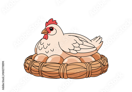 A gentle hen protects her clutch of freshly laid eggs in a cozy nest