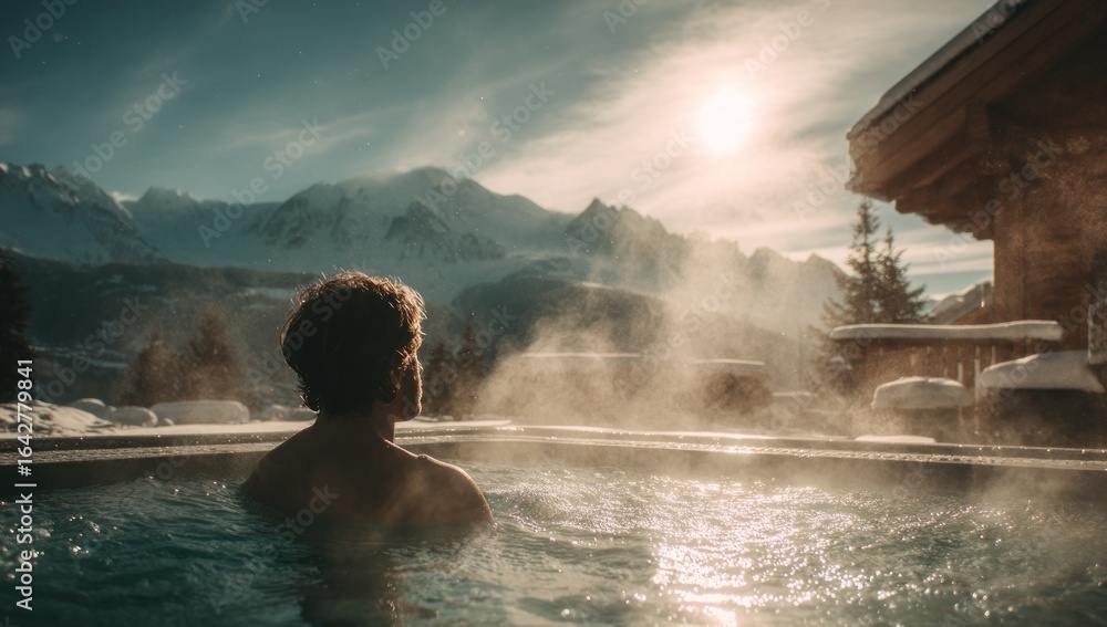 Obraz premium Man in hot tub, mountain view