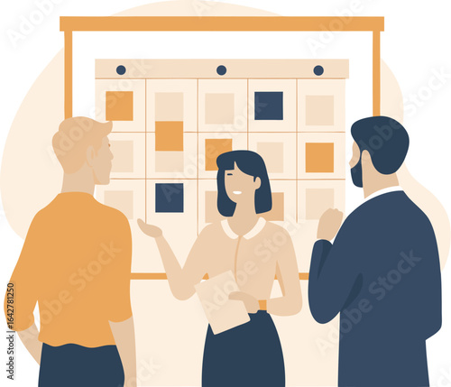 People discussing a calendar on a whiteboard with squares of different colors in a business setting indoors