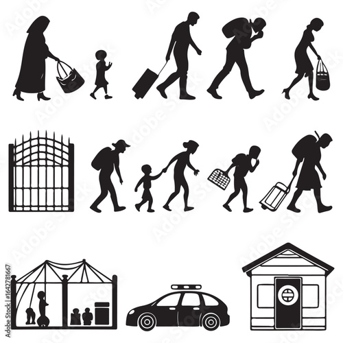Diverse group of people in silhouette walking with luggage and children near a gate tent police car and building representing migration and displacement silhouette