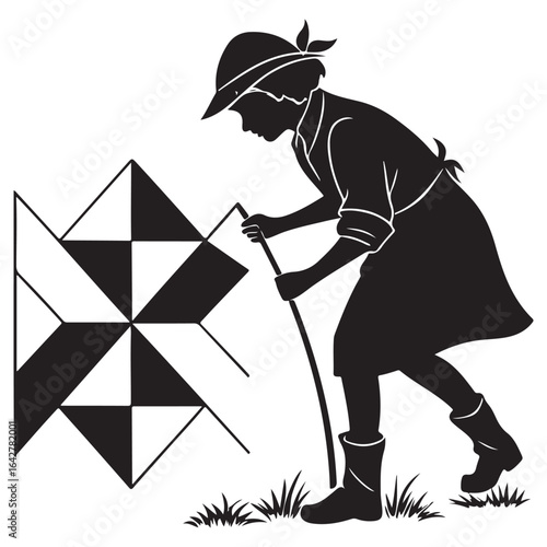 Elderly woman in traditional clothing with a hat and cane examining a geometric quilt pattern in a field silhouette