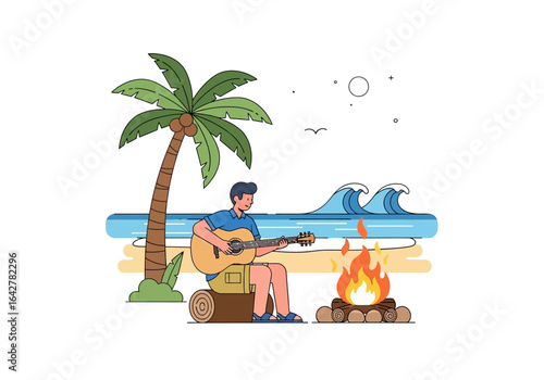 Man plays guitar beside bonfire on tropical beach perfect for travel, leisure, vacation, music, relaxation, and summer concepts.