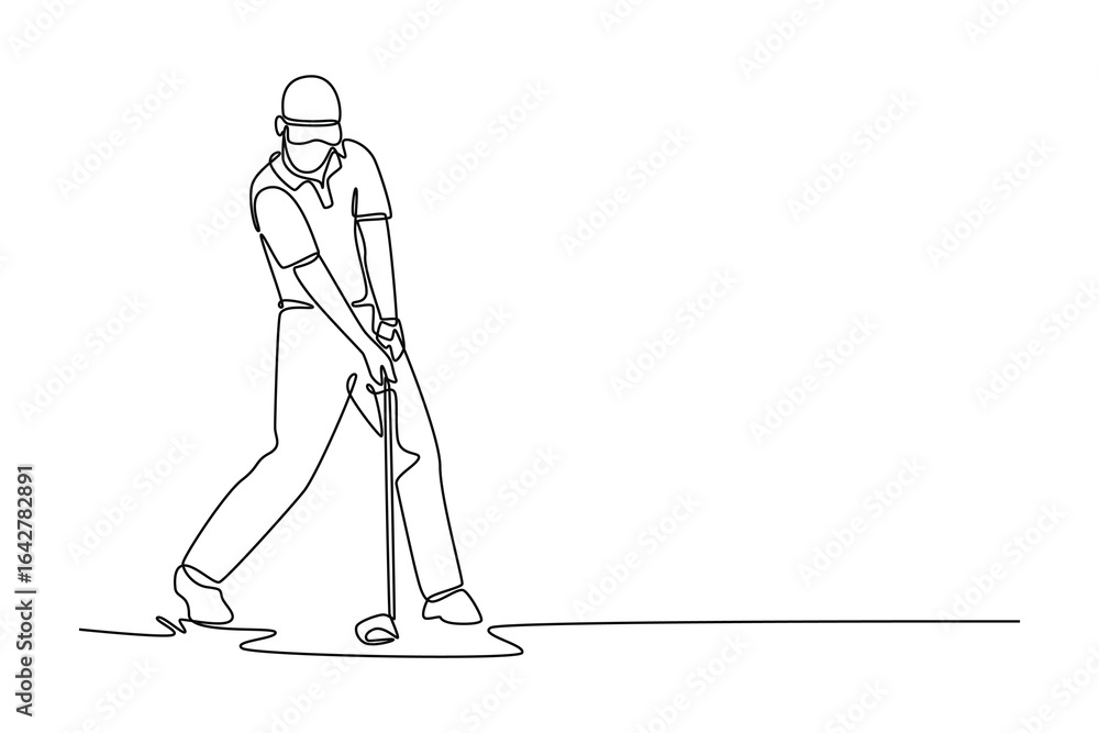 Continuous one line drawing male golfer in address position, bent over and focused on the ball, depicting intense concentration and anticipation before a powerful tee shot. Design vector illustration Continuous one line drawing male golfer in address position, bent over and focused on the ball, depicting intense concentration and anticipation before a powerful tee shot. Design vector illustration