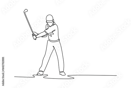 Single one line drawing man golfer executing a golf swing, emphasizing the movement and posture of the male athlete. Sports, healthy lifestyle. Continuous line draw design graphic vector illustration