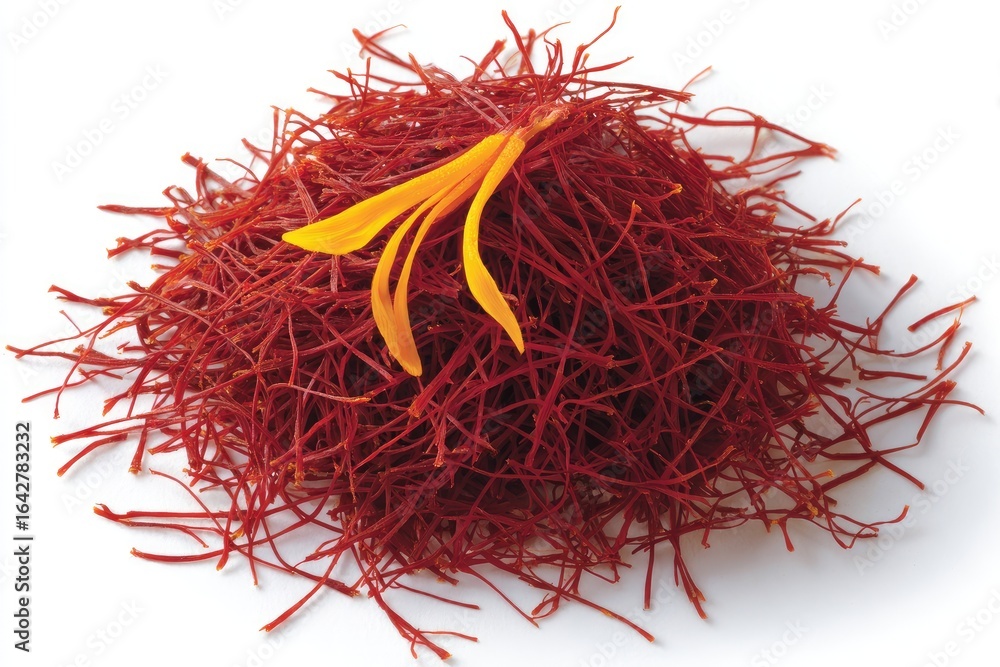 Fototapeta premium Pile of vibrant red saffron threads with a single yellow flower