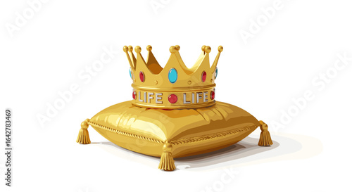 Golden Crown With Jewel Embellishments Sitting On Luxurious Velvet Pillow Isolated On White