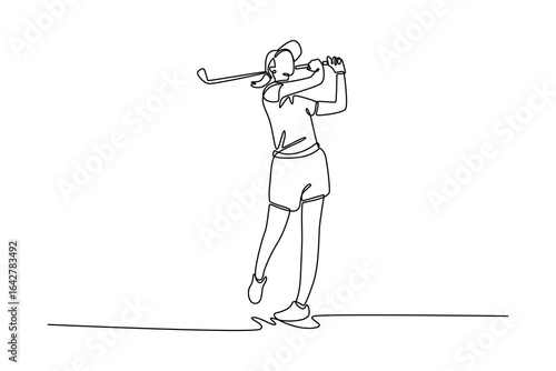 Continuous one line drawing female golfer at the top of her backswing, depicting the athletic and graceful motion of the sport of golf, a game of skill, power, and elegance. Design vector illustration