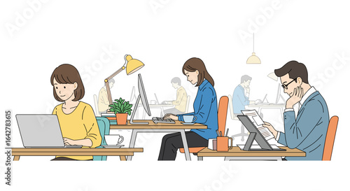 Office workers collaborating and concentrating on tasks in a modern workspace environment isolated on white background