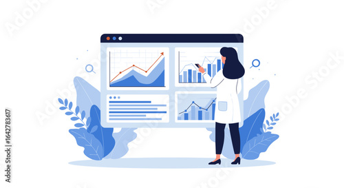 Business woman analyzing financial data on a computer screen with graphs and charts in an office setting illustration