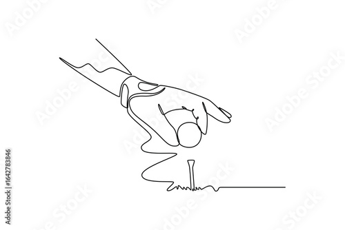 Single continuous line drawing golf ball on a tee and green field ready to be hit with golf stick. Golf course with ball and grass on close up of hand. One line draw graphic design vector illustration