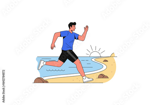 Man sprinting with joy on sandy beach, waves crashing in the background. Suitable for travel, wellness, fitness, summer vacation concepts.
