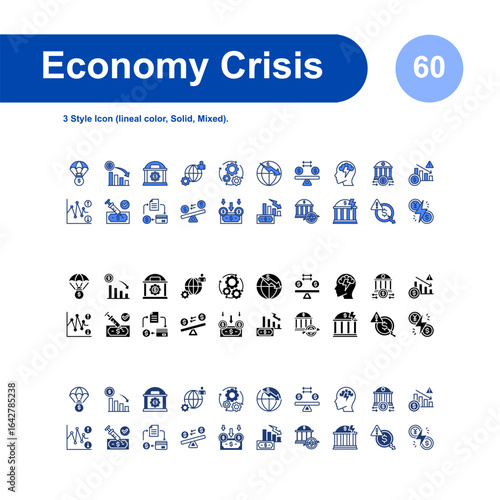 Economy Crisis icon set. with 3 Style Icon (lineal color, Solid, Mixed).