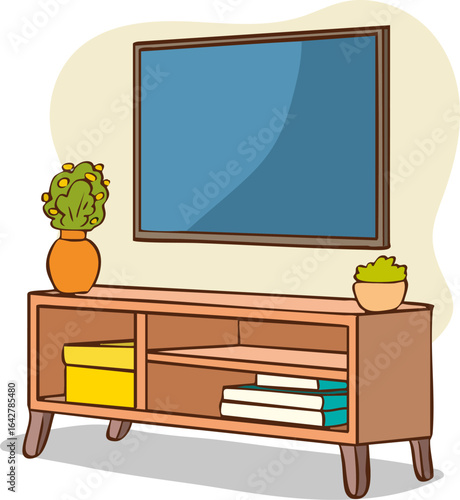 Modern living room interior with flat screen TV on wooden media console, indoor potted plant, minimalist wall art, comfortable home furniture, television watching concept, vector illustration