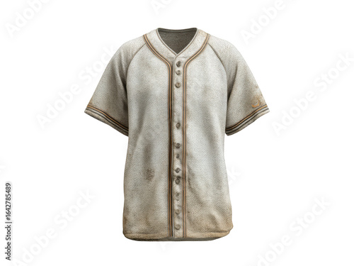 Worn, vintage baseball jersey with buttons and piped edging isolated on transparent background
