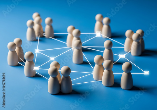 Interconnected wooden peg dolls forming a complex network structure on a blue background. This abstract image symbolizes social connection, business collaboration, and digital communication systems.