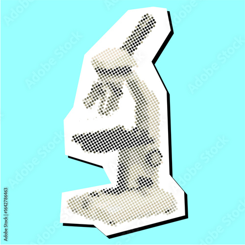 Microscope halftone stipple dotted collage element pointillize in paper torn vector. Symbolizes scientific research, observation, and discovery with a textured, artistic aesthetic.