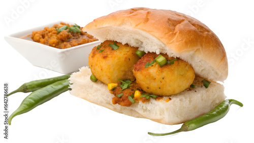 Tasty vada pav PNG on transparent background, perfect for menus, packaging, and street food designs.
