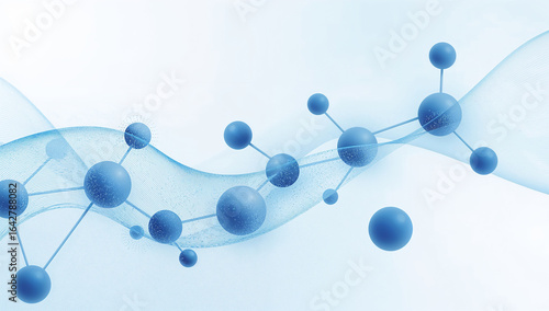 Abstract blue molecular structure with connected spheres and lines on a light background