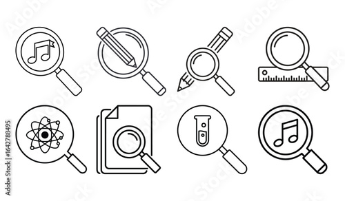 Modern Line Art Magnifying Glasses Icons: Research, Education, Music, Science, and Technology Concepts.
