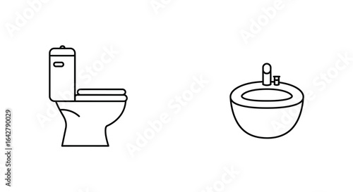 Toilet and Bidet Outline Illustration for Bathroom Design and Plumbing Schematics