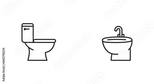 Toilet and Bidet Line Art Illustration for Bathroom Design and Plumbing