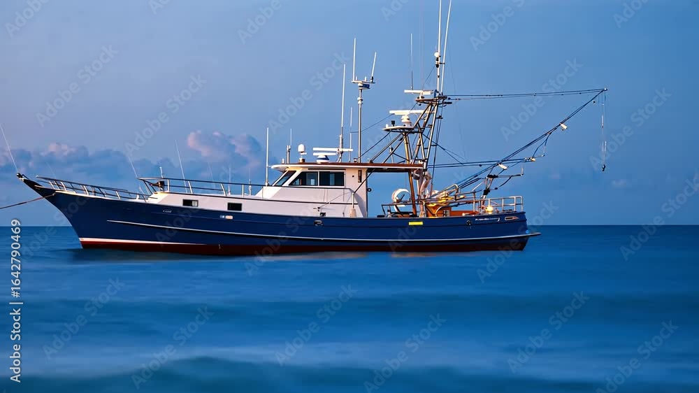 Fishing boat anchored in calm waters at sunset with a serene sky and distant clouds Fishing boat anchored in calm waters at sunset with a serene sky and distant clouds