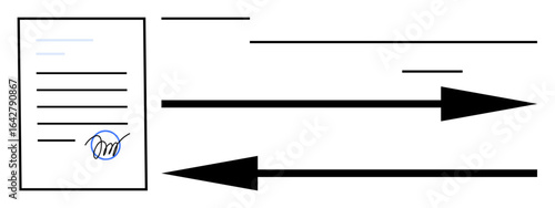 Signed paper document with bold arrows indicating workflow, direction, and speed. Ideal for business communication, approval processes, contract signing, efficiency, progress, agreement simple flat