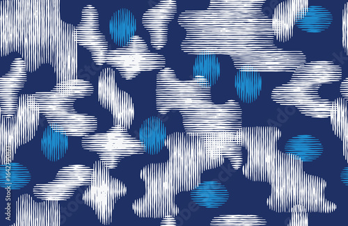 Seamless abstract pattern with hand drawn white linear shapes and blue gradient circles on a deep navy background. Modern, textured design ideal for textiles, wallpapers, and surface prints.
