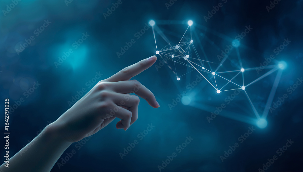 Fototapeta premium Human finger touching a glowing digital network in a futuristic abstract background