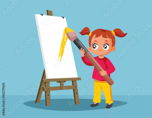 Little Artist Girl Holding a Paint Brush Vector Cartoon Character. Happy kid doing creative activity with her imaginative mind 
