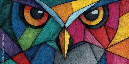Abstract owl face, vibrant colors, and geometric shapes.