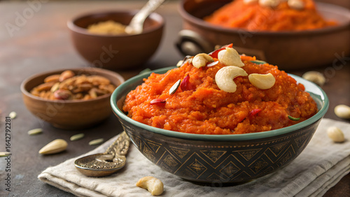 Delicious gajar ka halwa with cashew garnish, rich orange color, perfect for menus, packaging, and festive Indian dessert promotions.
