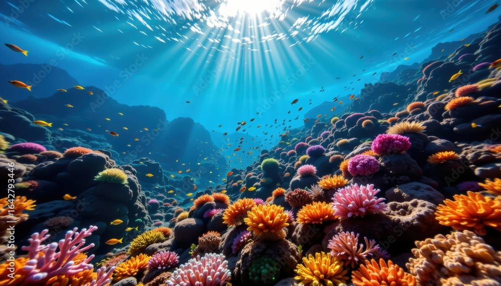Fototapeta premium Vibrant Coral Reef with Tropical Fish and Sunlight