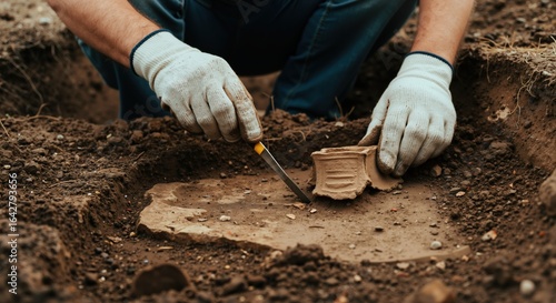 Archaeologist brushing dirt from ancient pottery shard in excavation trench. Realistic documentary style. Heritage, science and discovery concept. Museum exhibits, education materials, tourism guides