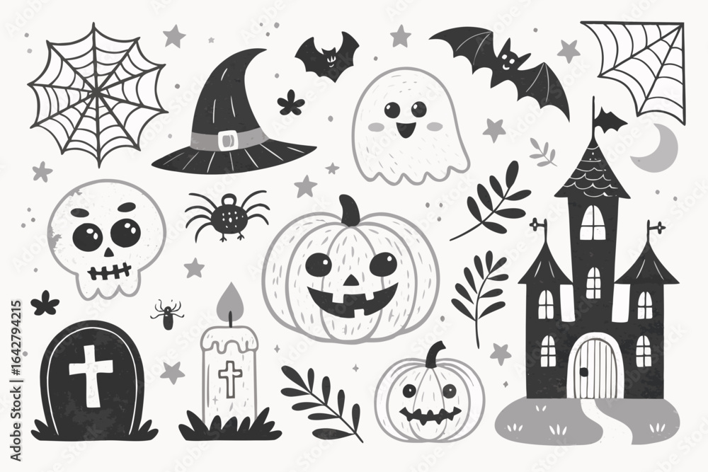 Obraz premium Spooky Halloween Illustrations: An artistic collection of charming Halloween illustrations, featuring a grinning pumpkin, a spooky skull, a haunted castle, a playful ghost, a spider web.