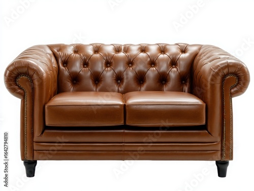 Classic brown leather chesterfield loveseat isolated on white background