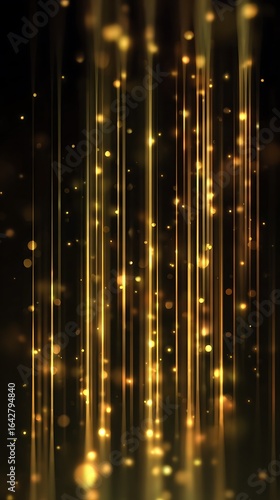 Abstract black background with golden shining light beams and bokeh effects
