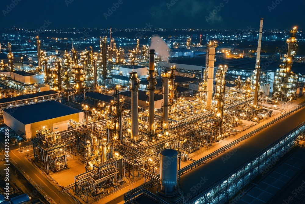 Fototapeta premium Aerial view of a large industrial complex at night, illuminated by lights from numerous structures