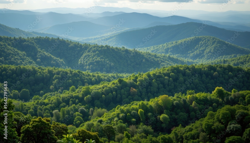 Fototapeta premium Lush Tropical Rainforest Canopy with Sunlight and Mist