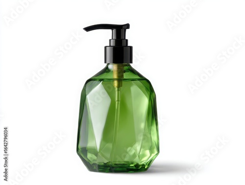 Green glass soap dispenser with black pump isolated on white background