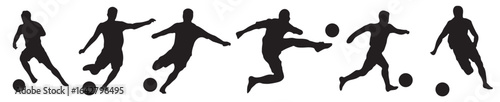 Silhouettes of soccer players in various poses kicking and dribbling the ball on a white background