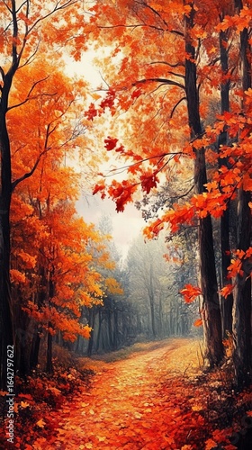 Autumnal path through a vibrant forest