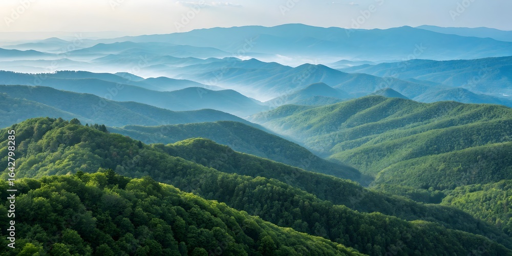 Obraz premium Serene Mountain Vista: A breathtaking panorama unfolds, showcasing layers of rolling mountains shrouded in mist. Verdant slopes meet the clear, blue sky.