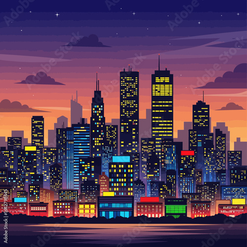 Cityscape illustration featuring a skyline of illuminated skyscrapers against a vibrant sunset sky with clouds.